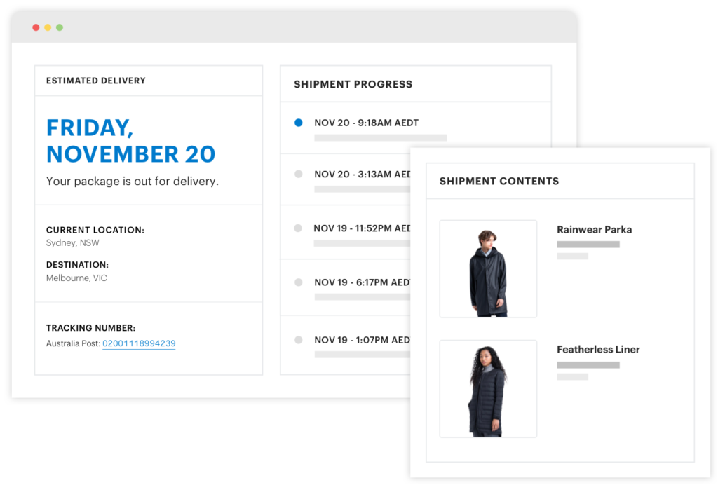 Illustration of branded tracking notifications sent to customers