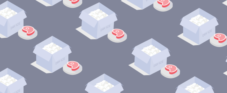 Illustration of boxes labeled 'dry ice' with steaks on a platter outside the boxes