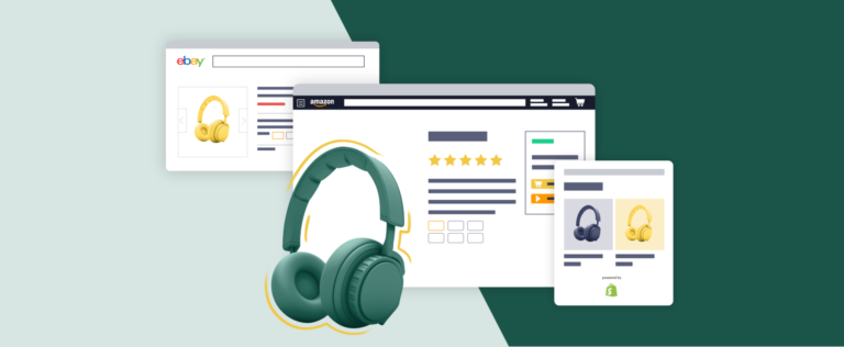 a pair of green headphones on a green background with 3 different screens from amazon, ebay, and shopify